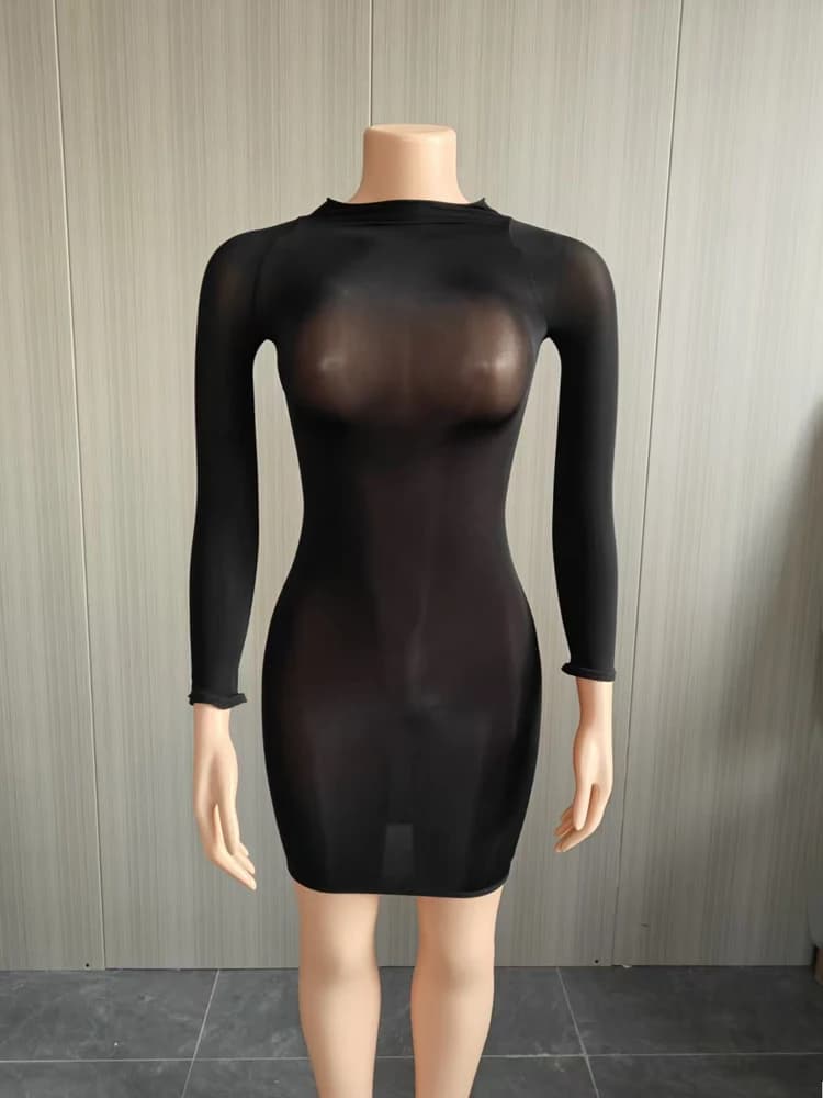 Robe moulante mini transparente en maille extensible à manches longues pour femme, style sexy et ten