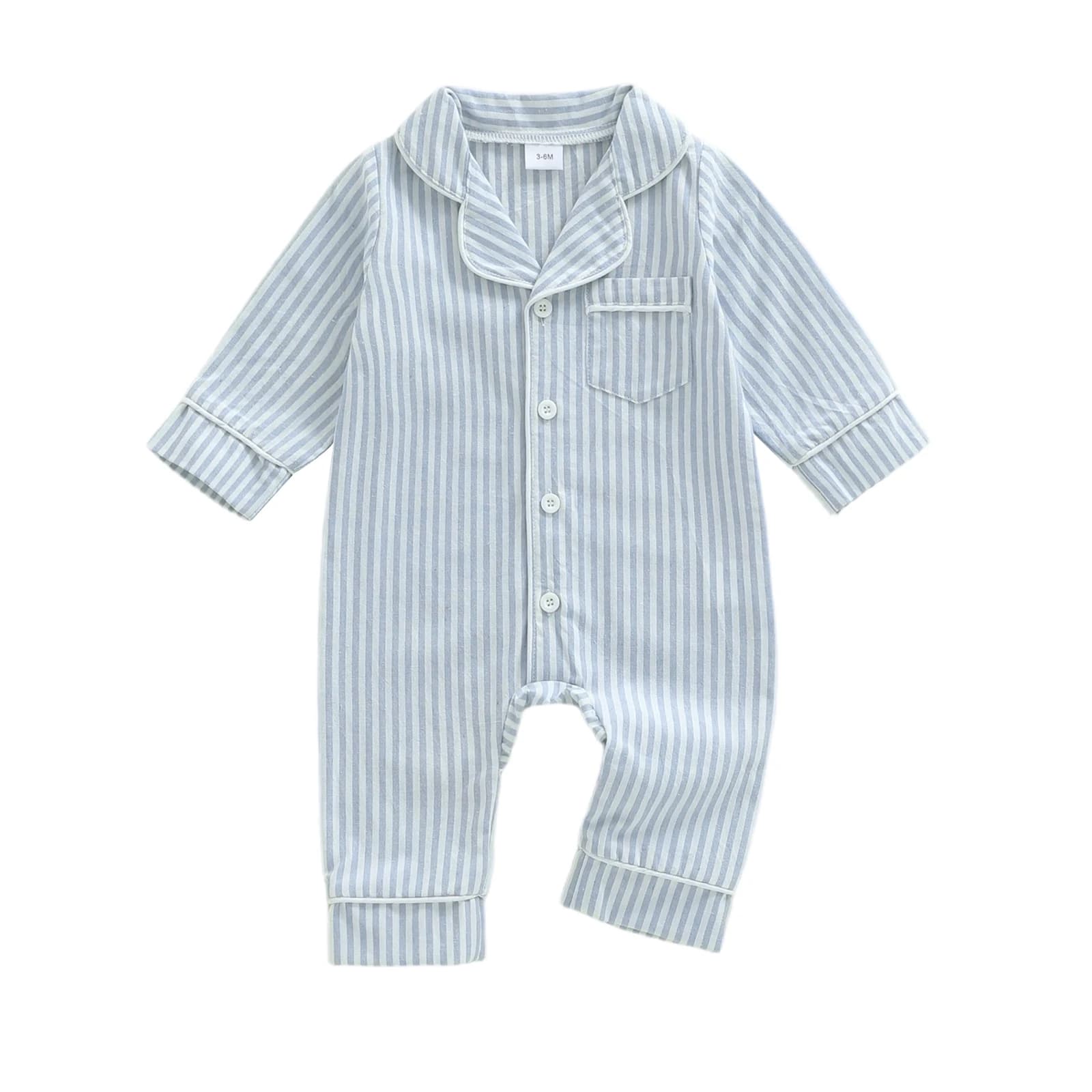 Pyjama d'automne pour bébé fille et garçon, barboteuse imprimée rayée, mignon boutonné, revers, col 