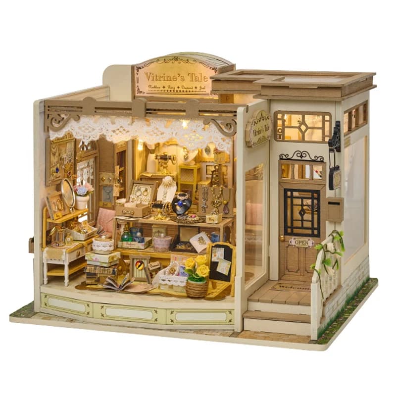 Kits de modèles miniatures de maison de poupée en bois rétro DIY, boutique de bijoux, avec meubles e