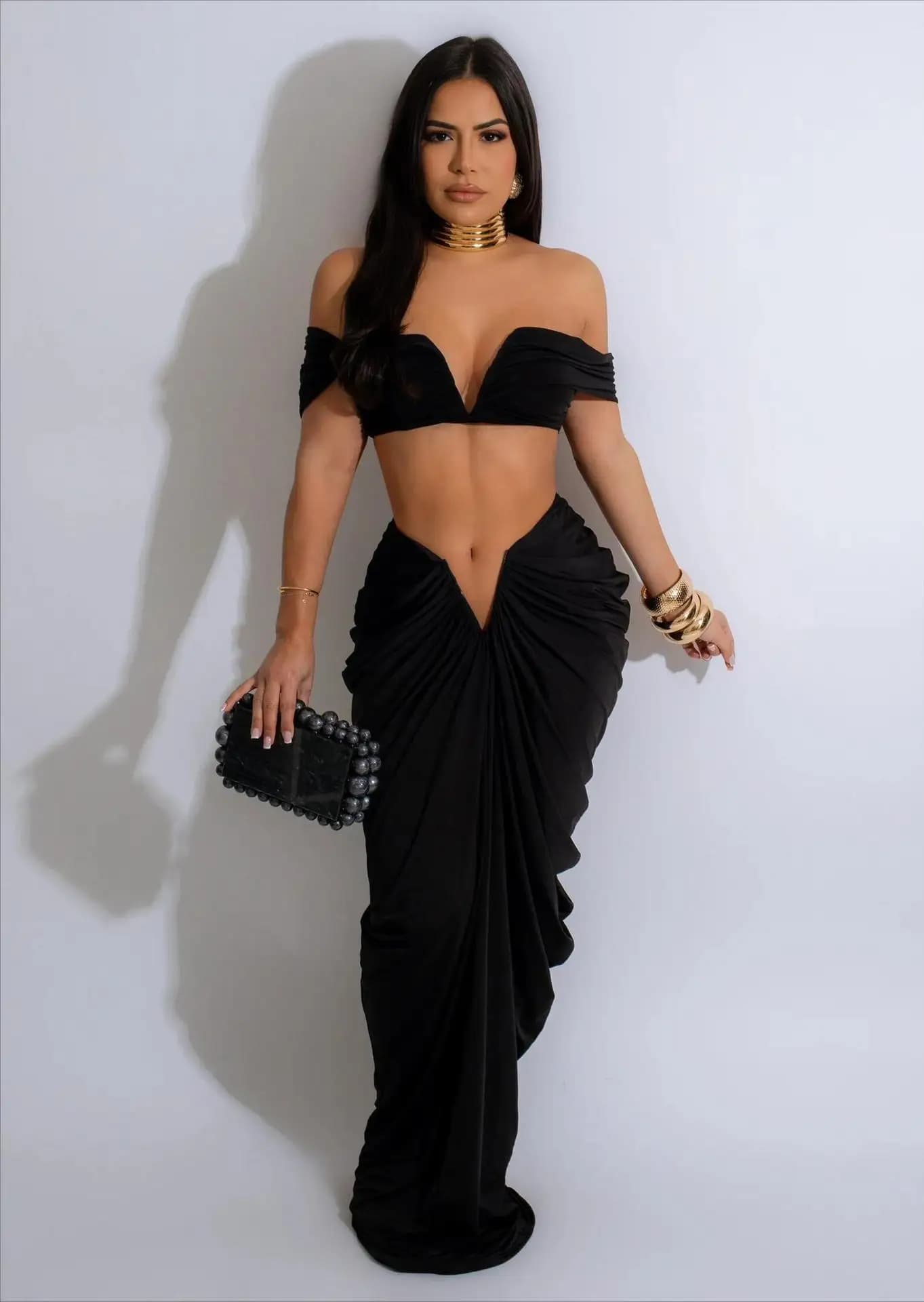 Ensemble de tenue de soirée vintage pour femmes, jupe longue élégante, ensemble assorti sexy en deux