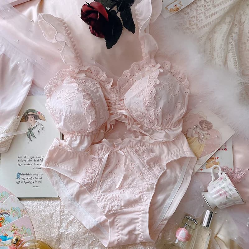 Ensemble de Lingerie japonaise rétro Lolita en dentelle, soutien-gorge et culotte, avec nœud brodé, 
