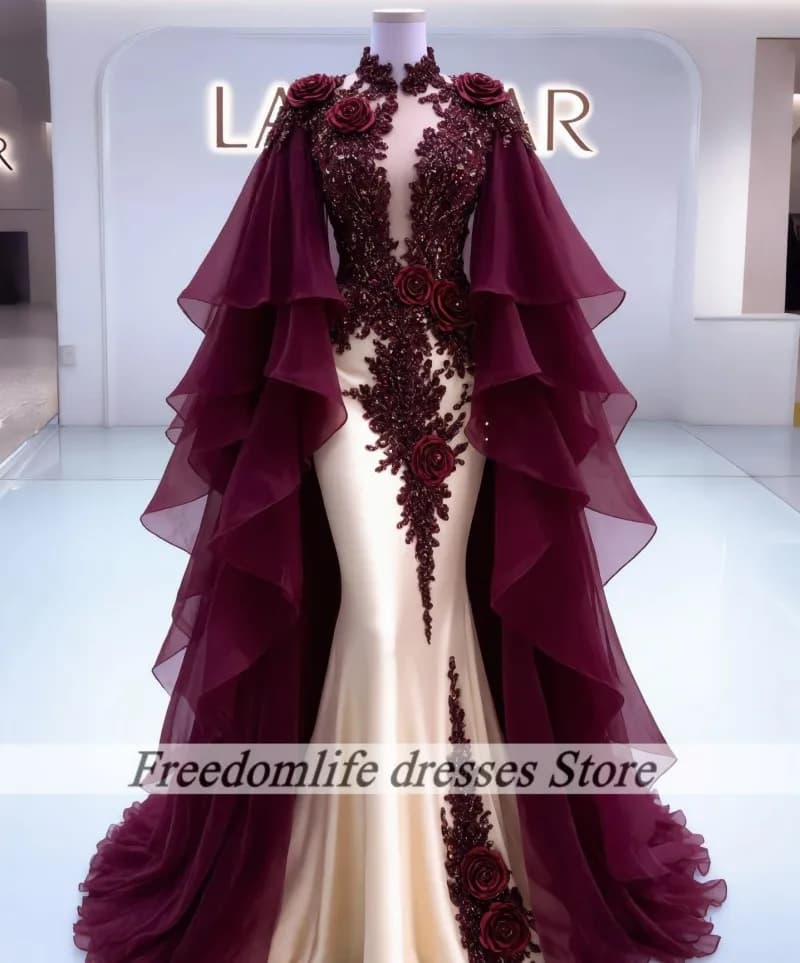 Robes de Soirée Arabes de Dubaï pour Femmes 2026 – Robes de Bal Faites à la Main avec Fleurs, Volant