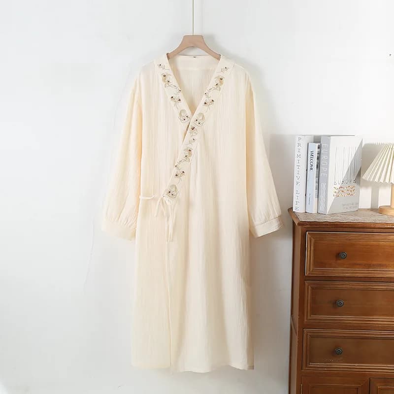 Chemise de nuit en pur coton pour femmes, gaze fine Double couche, à lacets, manches sept-quarts, vê