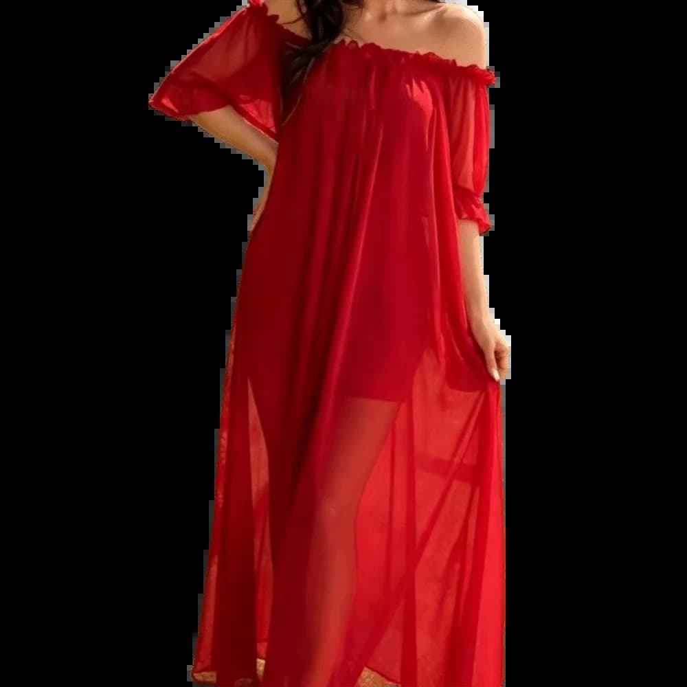 Chemise de nuit élégante transparente à épaules dénudées, col en V à volants, pour femme, en maille 