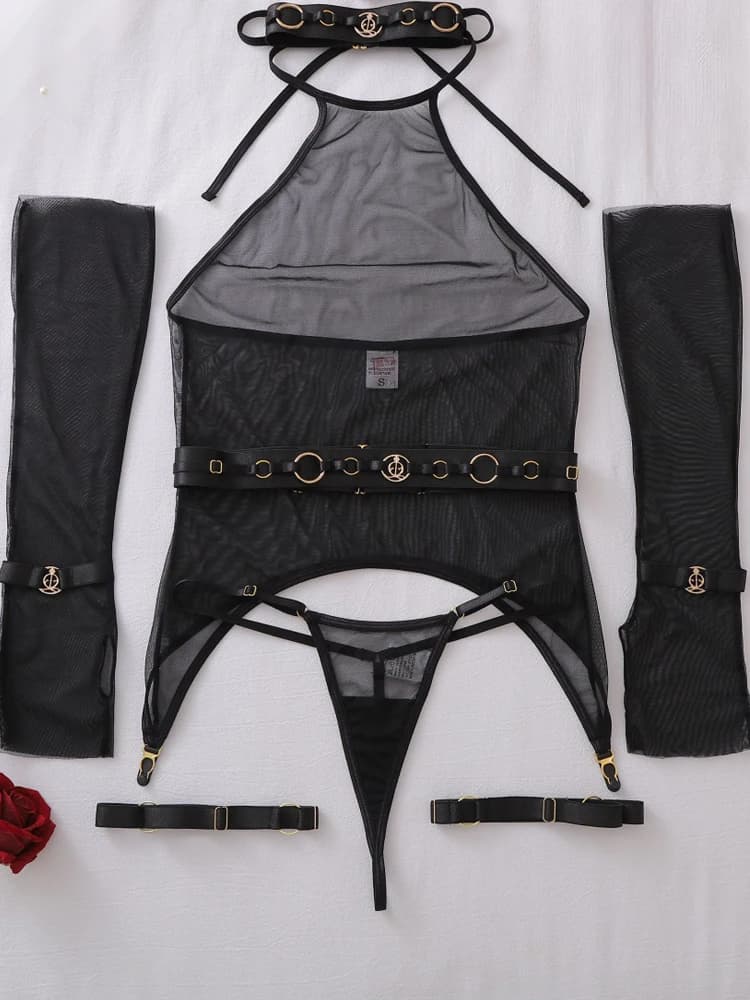 Body en dentelle noir moulant transparent, lingerie sexy érotique pour femme, avec gants et porte-ja