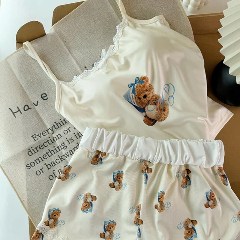 Ensemble pyjama d'été imprimé ours pour femmes, mignon, garniture en dentelle, haut caraco avec shor