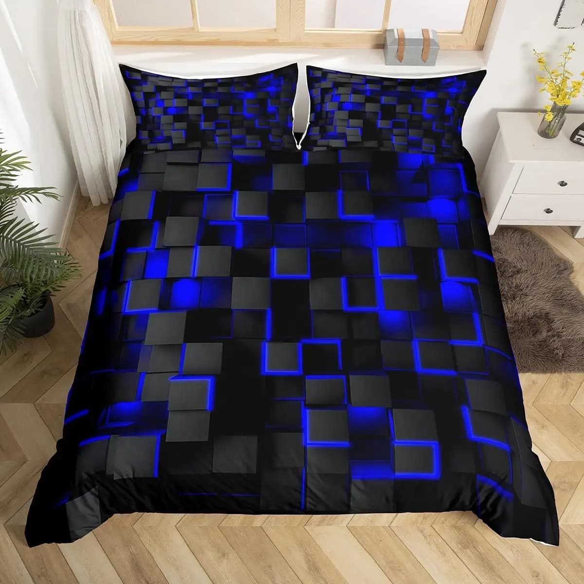 Ensemble de literie bleu et noir, housse de couette, ensemble de literie géométrique léger pour enfa