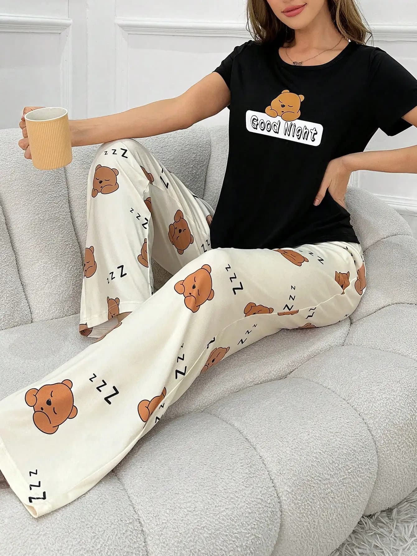 Ensemble 2 pièces de pyjama quatre saisons pour femmes, ensemble pyjama décontracté et mignon imprim