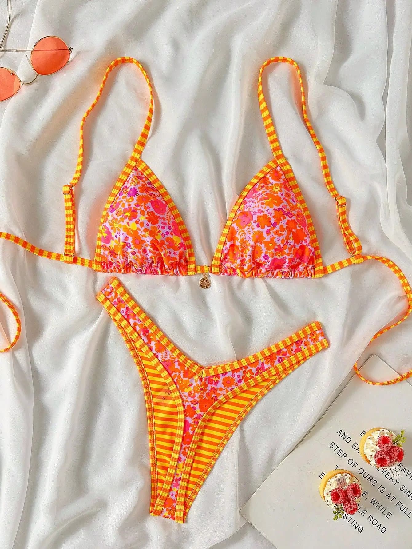 Ensemble bikini sexy imprimé floral orange pour femme, orné d'un cercle métallique, soutien-gorge pu