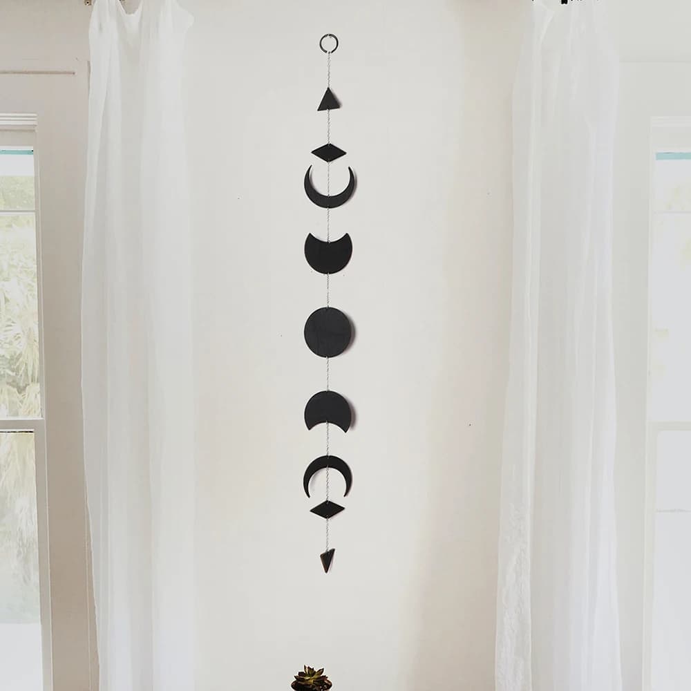 Phase de lune noire tenture murale Boho chambre décor bois lune guirlande mur Art salon chambre crèc