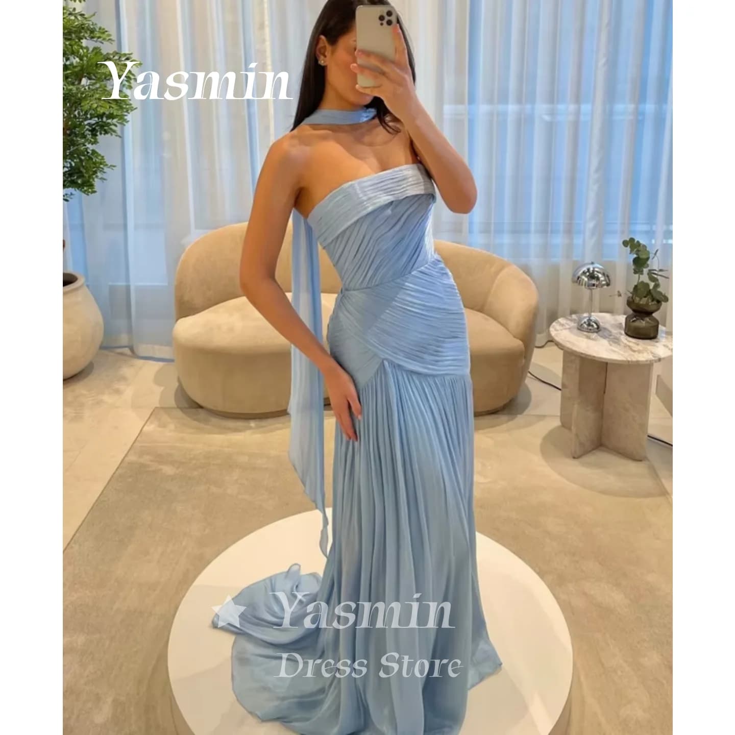 Robe de soirée en mousseline bleu ciel scintillante, col halter, plissée et drapée, pour bal de prom