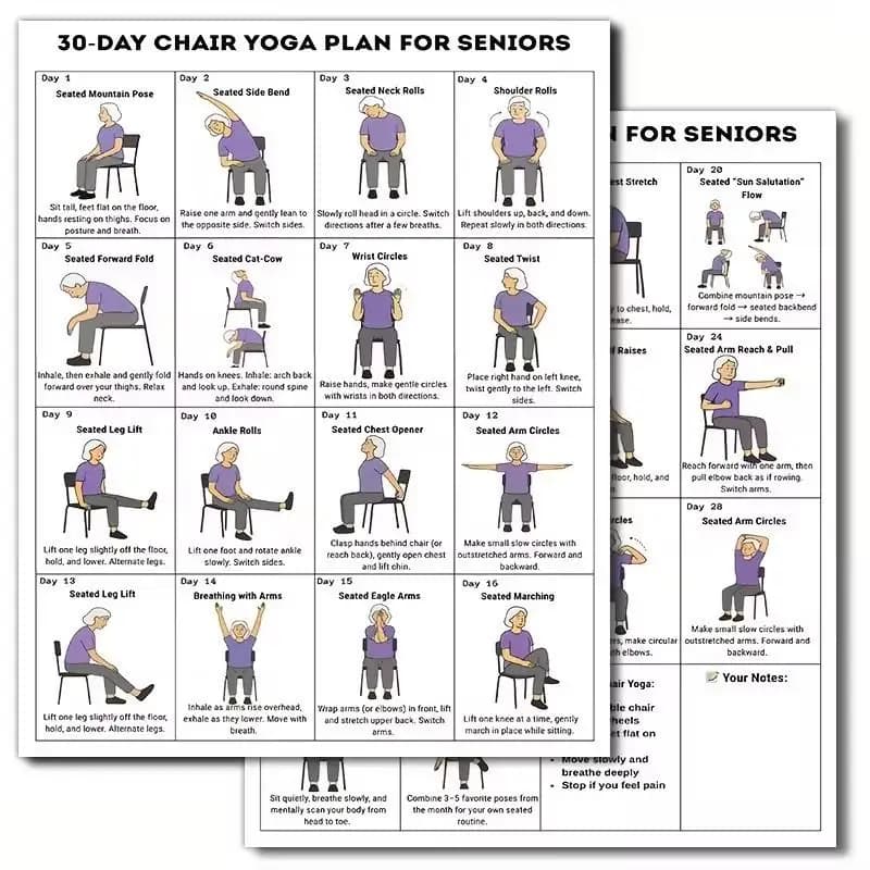 2/10 feuilles de défi de yoga sur chaise de 30 jours pour les seniors, plan d'entraînement complet d