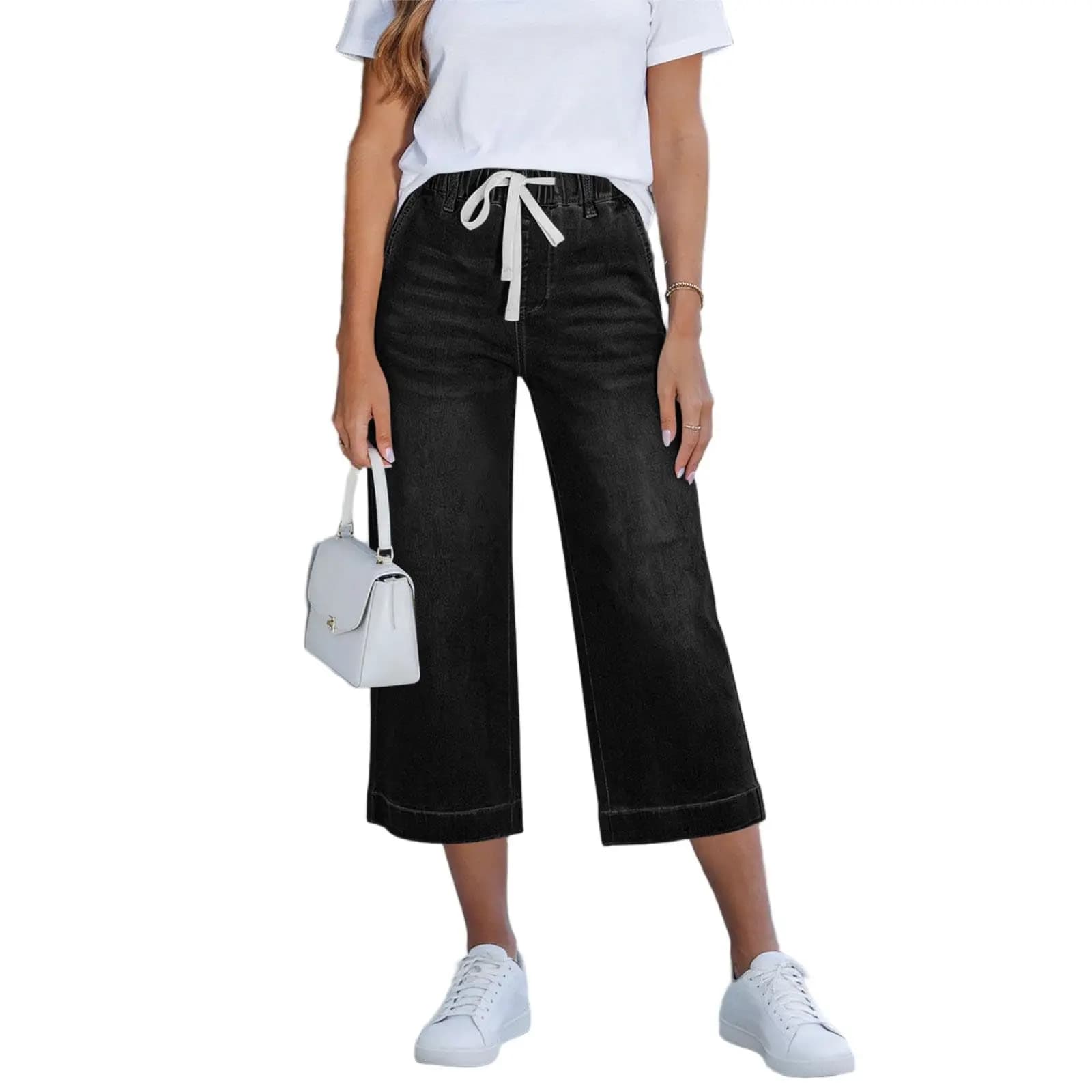 Pantalon Capri pour femme, été, cordon de serrage, taille élastique, jean droit décontracté, pantalo