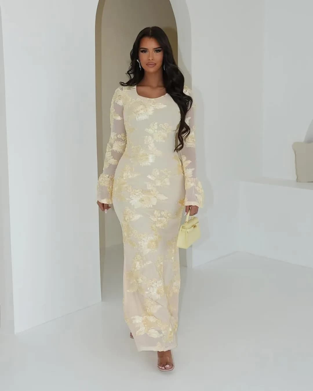 FLARORA élégant fleur brodé robes moulantes femme col rond manches évasées maille Perspective robe f
