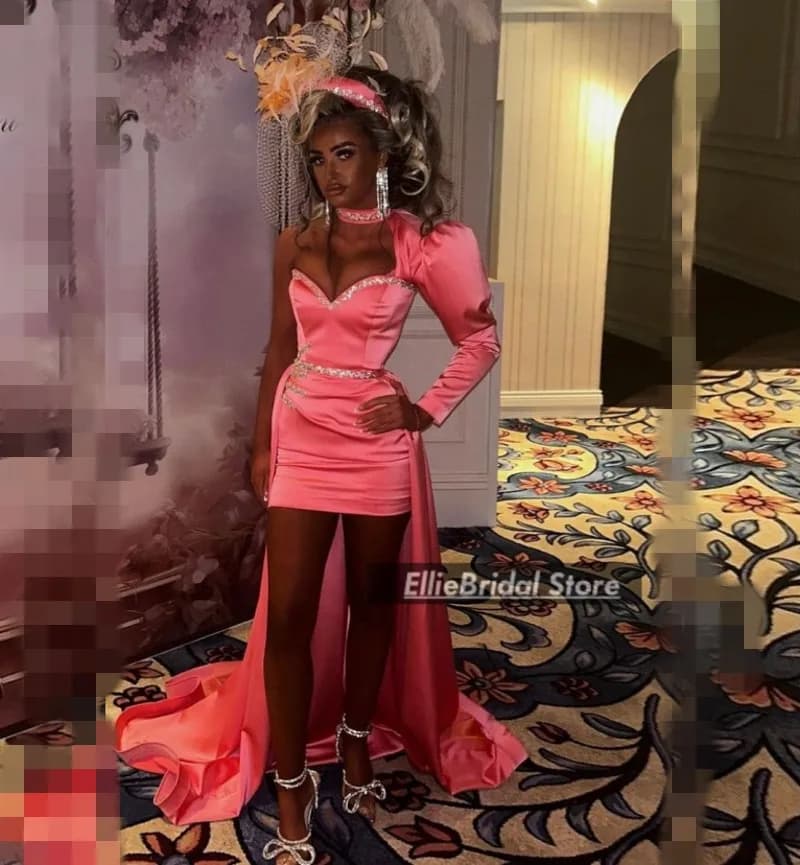 Mini robe de Cocktail avec traîne détachable et cristaux, asymétrique épaule dénudée, rose, robes de