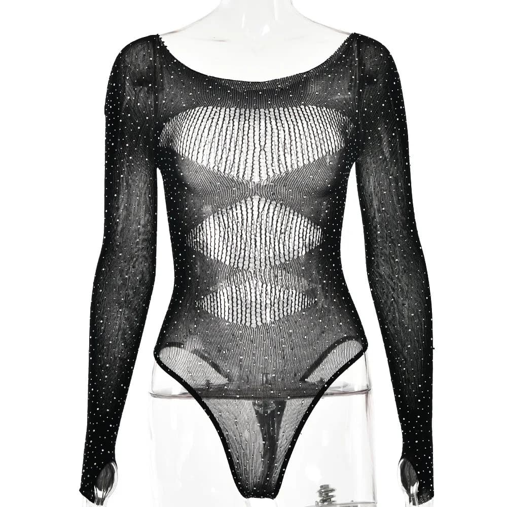 Body en résille transparent pour femmes, tricot ajouré, manches longues, strass, maille, tenues de b