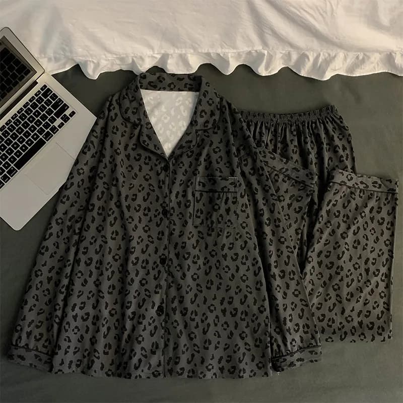 Ensemble de pyjama de luxe français à imprimé léopard pour femme, vêtements de nuit doux à manches l