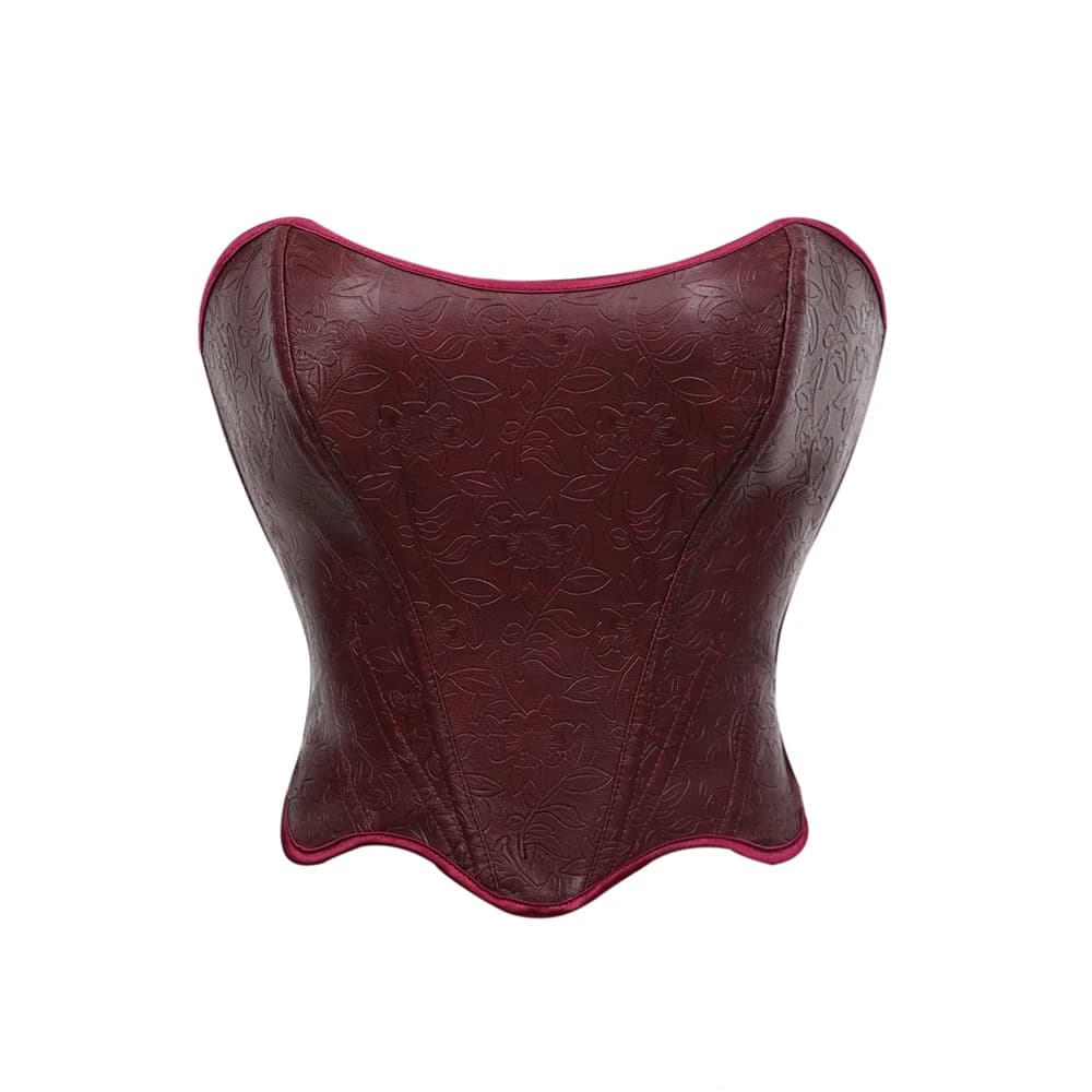 Corset court marron vintage en similicuir PU pour femme, bustier push-up sans bretelles avec fleurs 