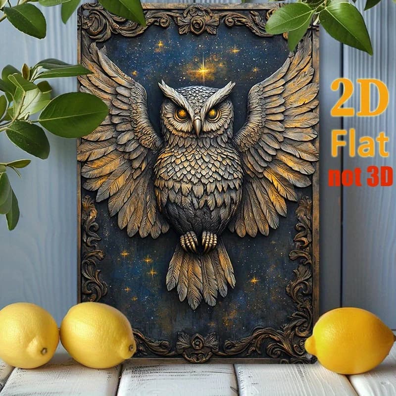 Décoration murale en aluminium 2D en forme de hibou - Hibou de nuit étoilée avec accents dorés, déco