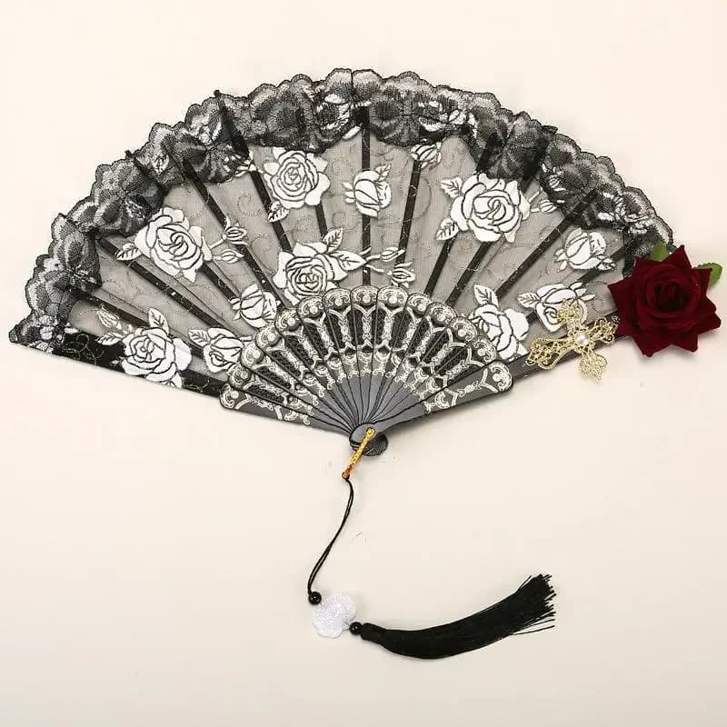 Éventail à main en dentelle pour femme, style Lolita gothique, éventail victorien vintage noir, blan