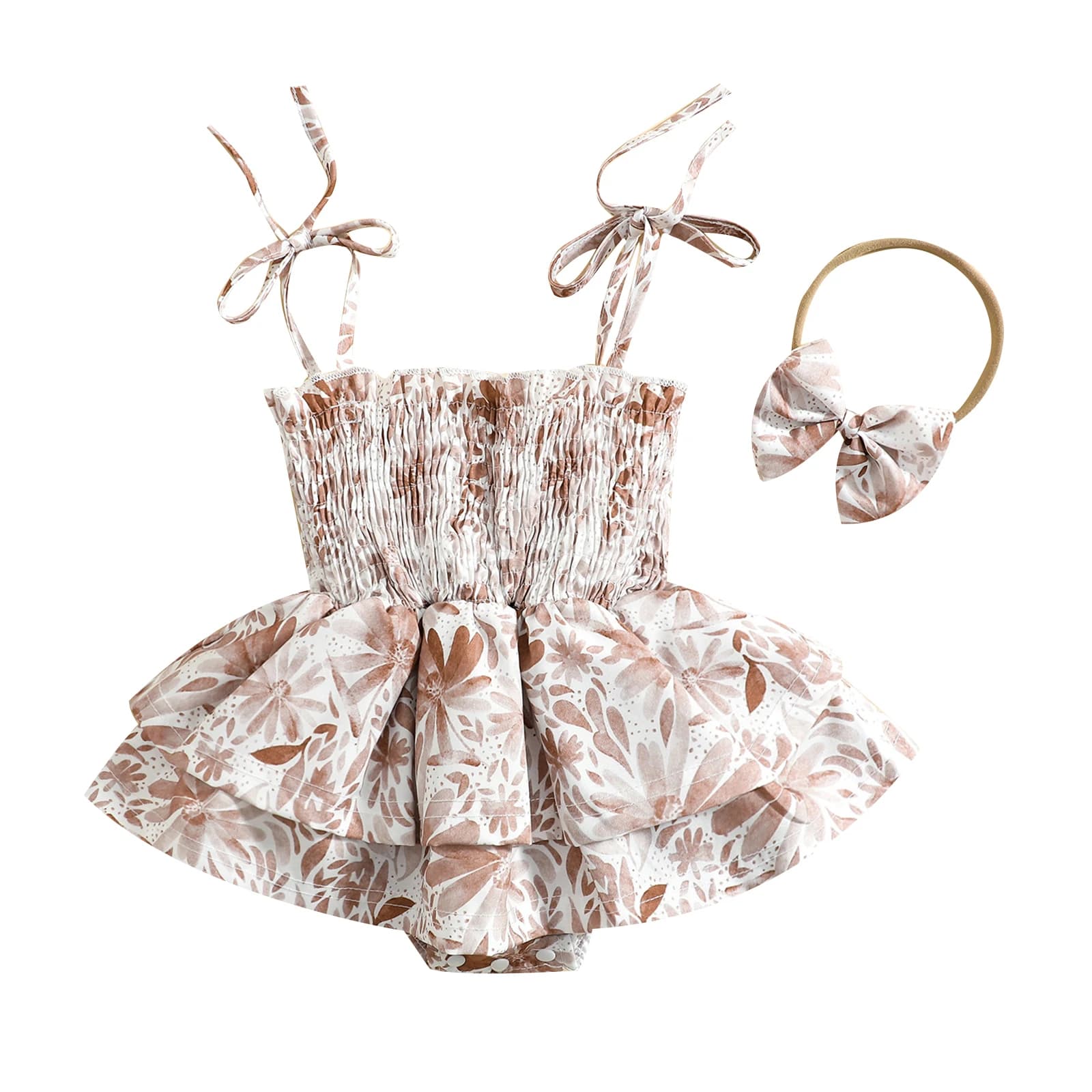 Combinaisons de Style robe pour nouveau-né fille, tenues élastiques, body plissé à nouer Floral sans