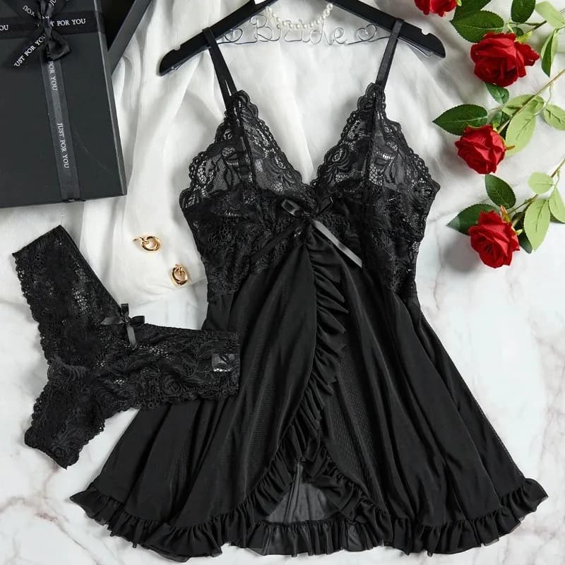 Tulle Ultra Sexy chemise de nuit col en v soutien-gorge ouvert sommeil jupe nuit robe érotique femme