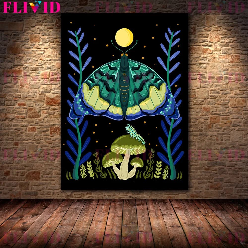 Affiche d'art mural abstrait rouge nuit, chambres plus lentes avec papillons et mites, insecte et pl