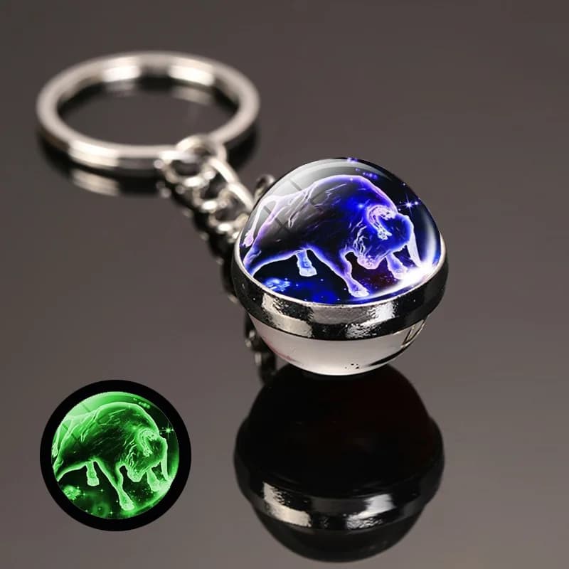 Porte-clés créatif 12 constellations, lueur nocturne, pendentif boule de verre Double face, signe du
