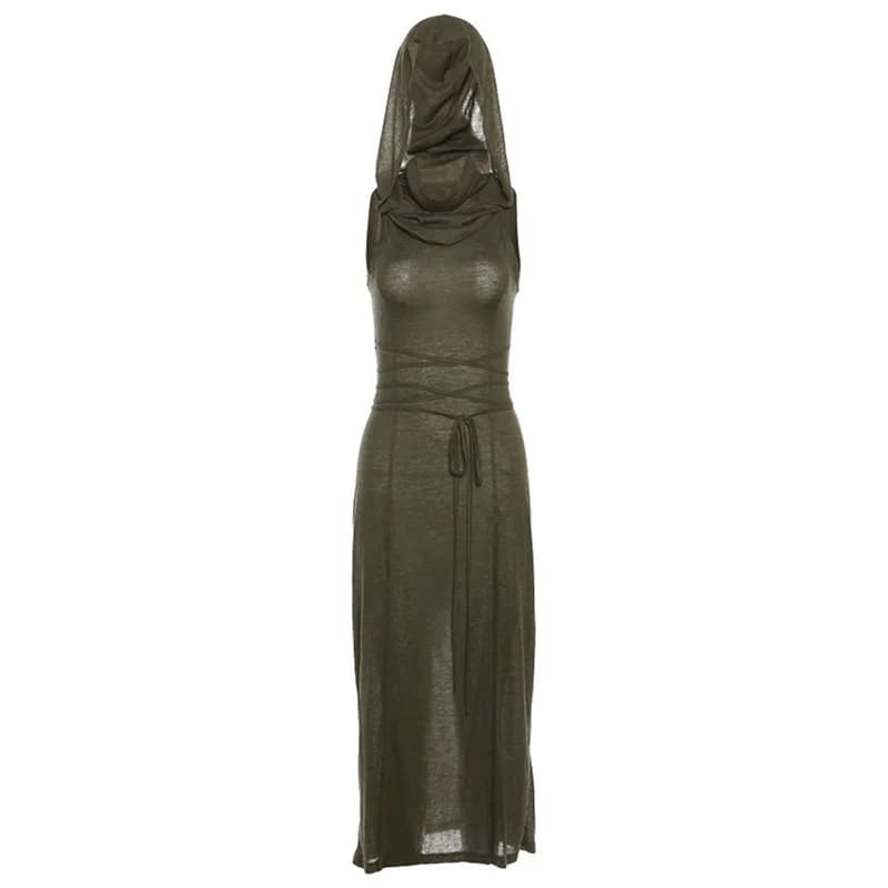[You're My Secret] Robe longue gothique à capuche vert armée pour femme, sexy, fendue, à lacets, mou