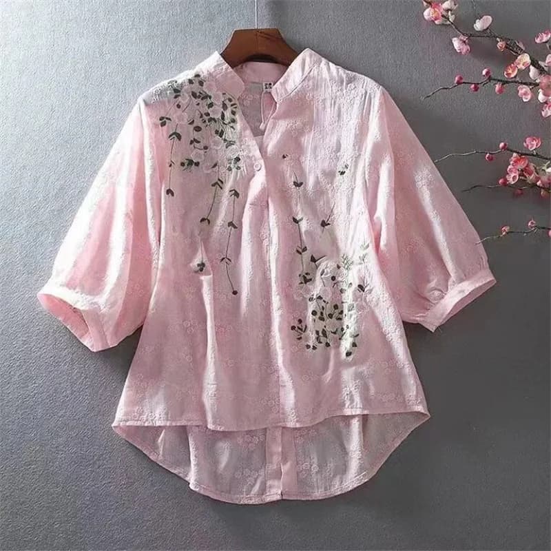 Chemises littéraires en coton pour femmes broderie fleurs femme Blouses col en v demi manches dentel