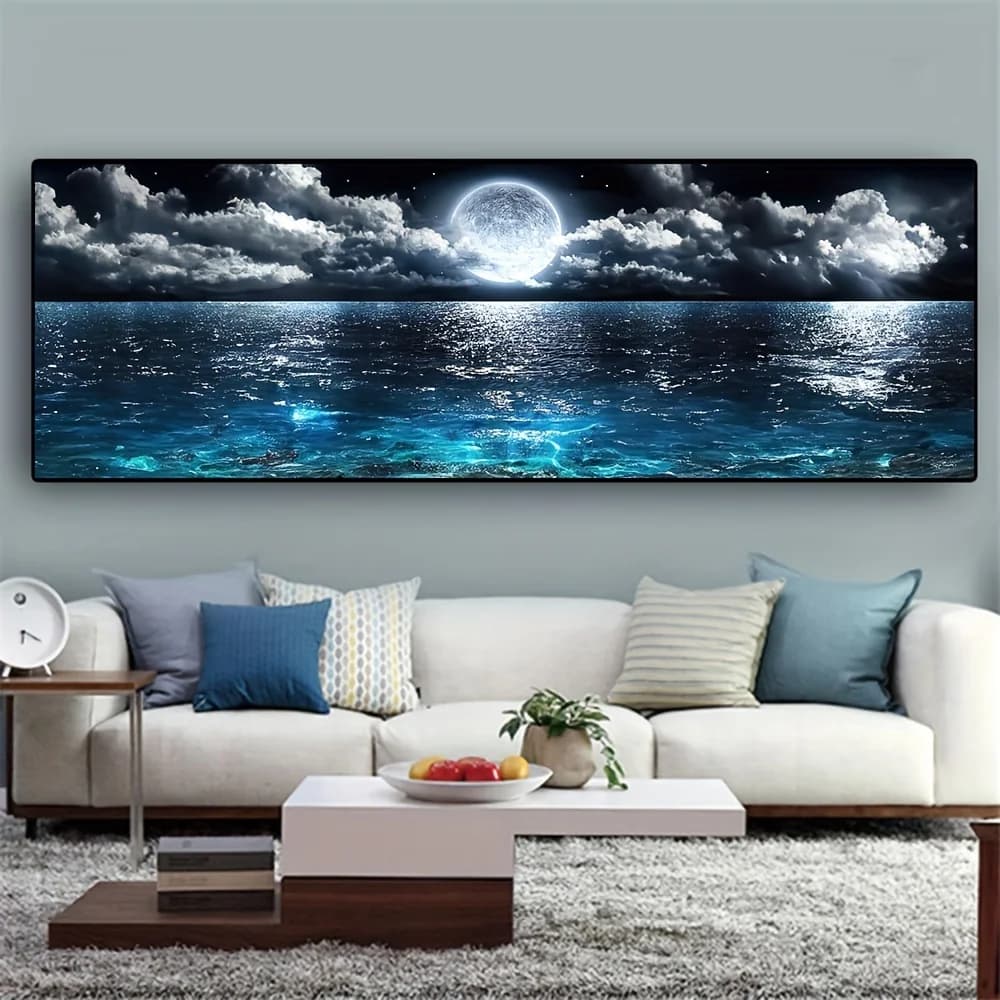 Grande impression sur toile de mer à la lueur de la lune horizontale |   Art mural Océan nocturne av