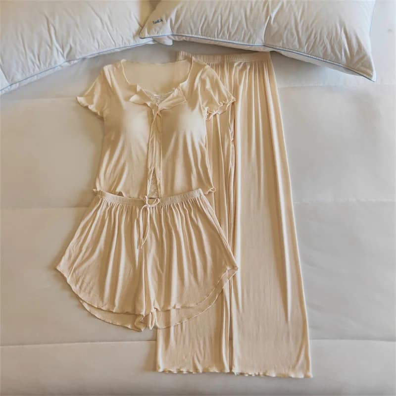 Pyjama de Style doux pour femmes, coussin de poitrine, manches courtes, ensemble trois pièces, Modal