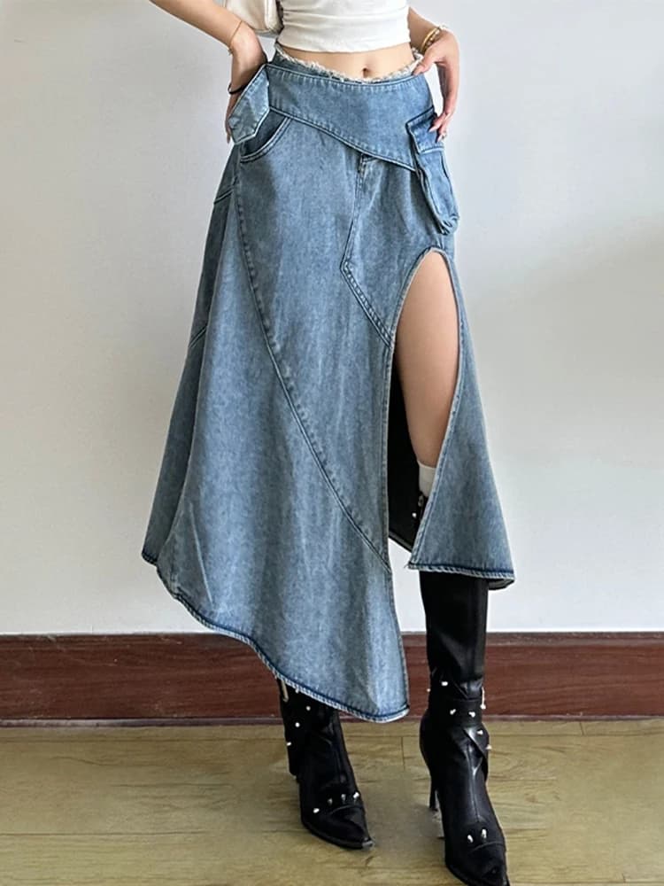 [EAM] Jupe mi-longue trapèze en jean bleu taille haute à ourlet irrégulier et fente, pour femme, nou