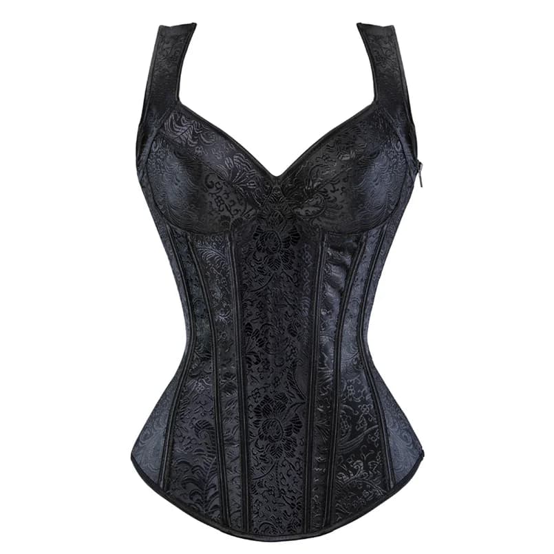 Corset avec Bretelles pour Femme, Noir, Overbust, Floral, Jacquard, Fermeture Éclair, Top, Gothique,