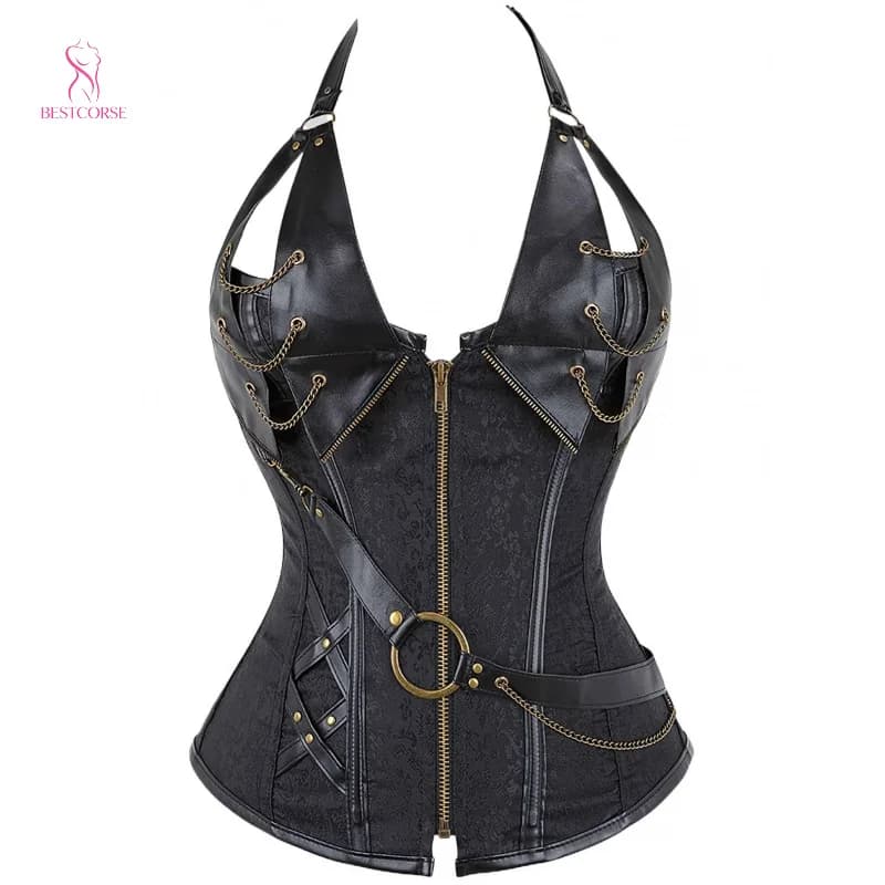 Tenue de festival Renaissance, haut corset en cuir marron, style steampunk avec chaîne décorative, c