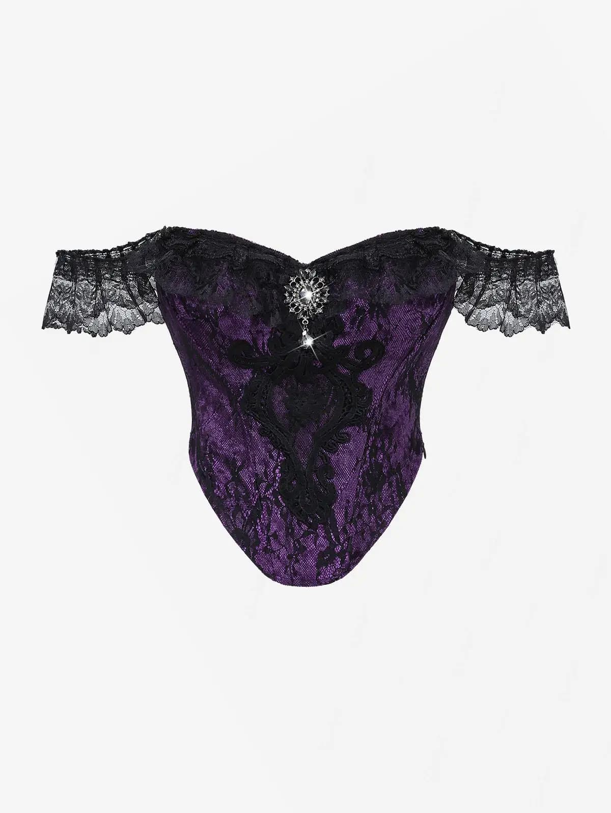 Corset gothique sans bretelles, superposition de dentelle florale, épaules dénudées, paillettes scin