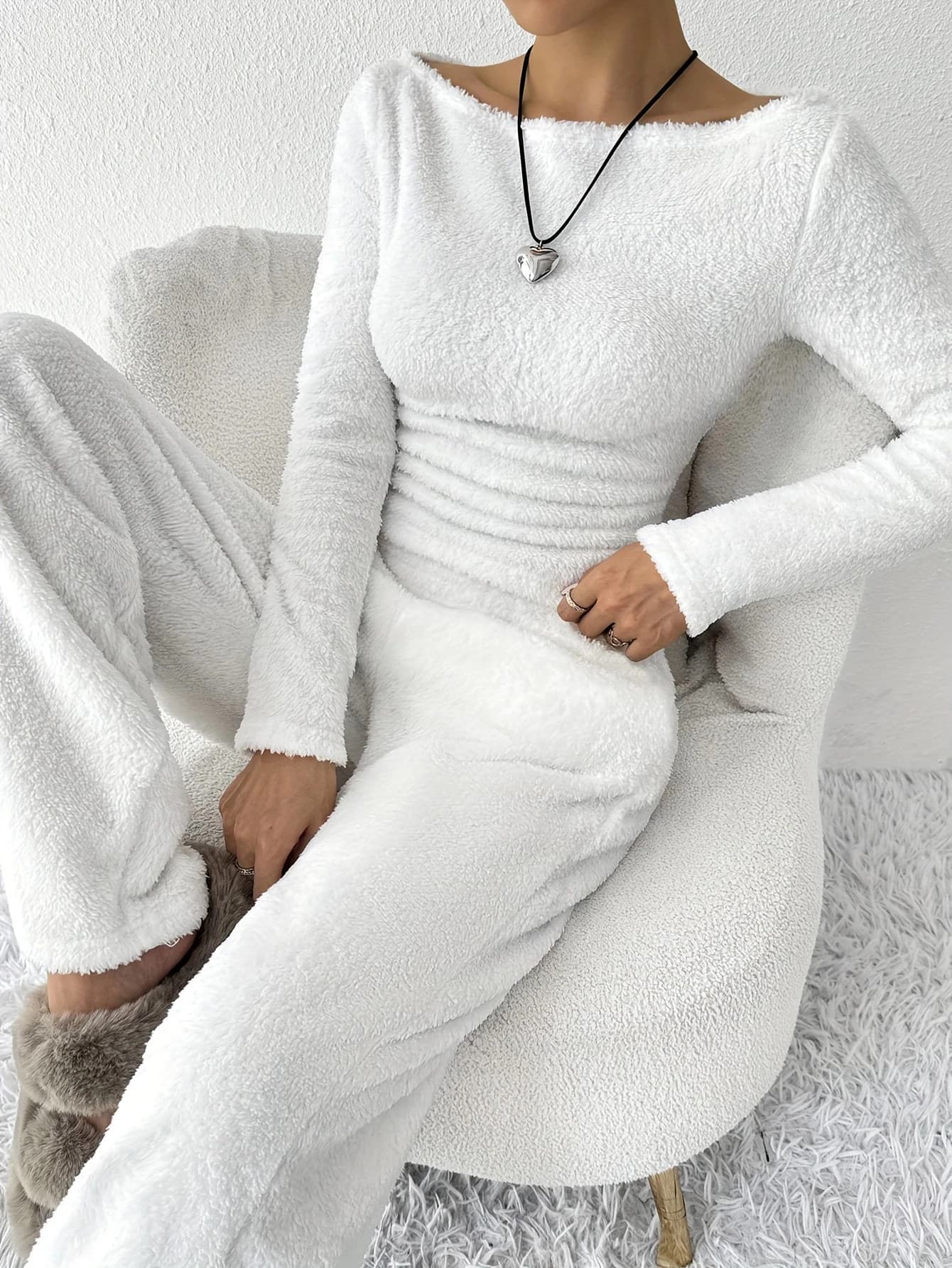 Ensemble de 2 pyjamas en polaire pour femmes, automne et hiver, couleur unie simple, confortable, él