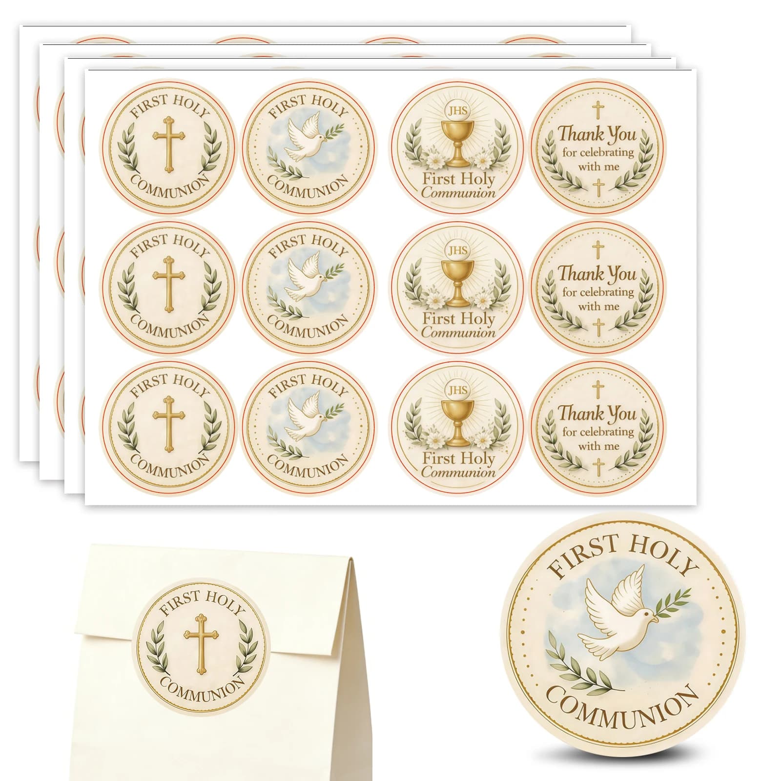 Autocollants de Communion, Première Sainte Communion, Beige Vintage, Autocollants Religieux pour Fêt