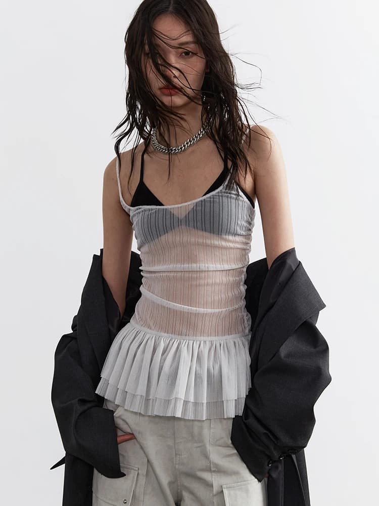 [EAM] Nouveaux débardeurs fins et transparents rayés gris clair pour femmes, sans manches, style per