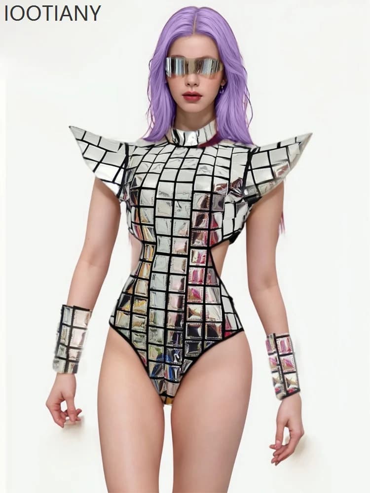 Silver Laser One Sleeve Bodysuit Sexy Hollow Waist Performance Stage Clothes Women Dancer Leotard Ni