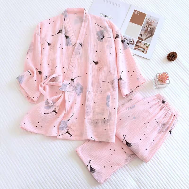 Pyjama japonais en coton pour femmes, kimono, deux pièces, pantalon à manches trois-quarts, ensemble