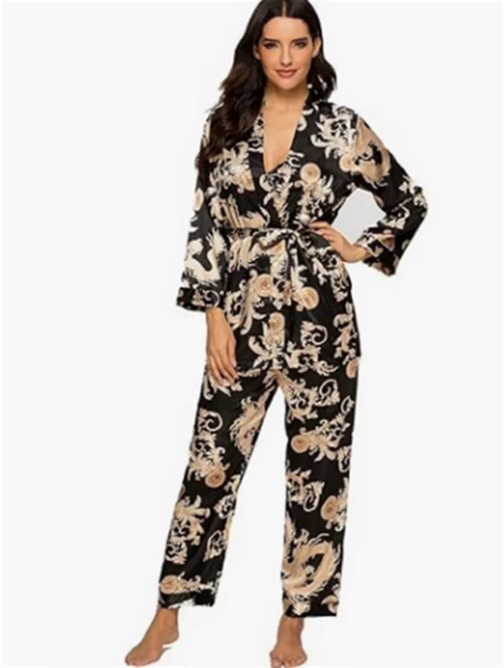 Ensemble pyjama de luxe en Satin de soie royale, 3 pièces, imprimé Floral Dragon, pyjama soyeux, vêt