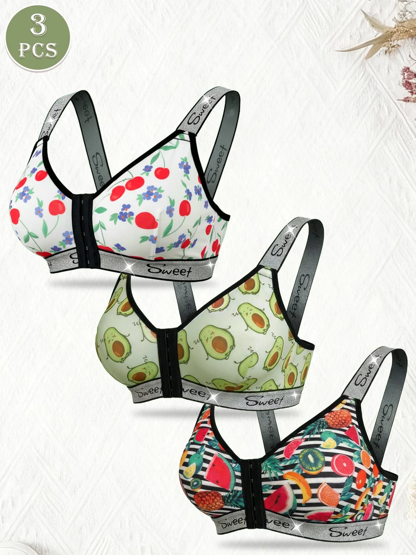 Lot de 3 soutiens-gorge sans fil pour femmes, bralette confortable à fermeture avant avec imprimé fr