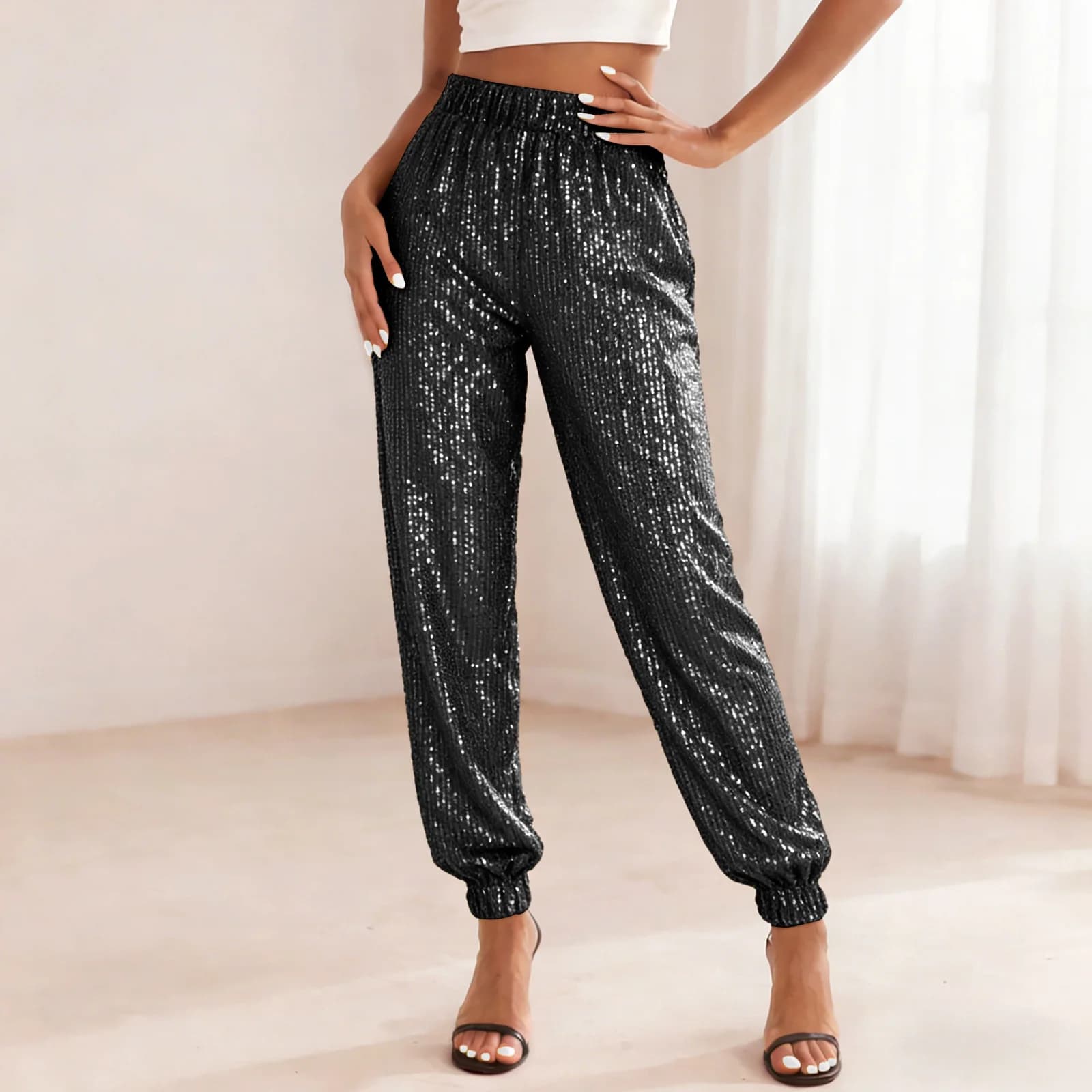 Pantalon scintillant pour femmes, taille haute, paillettes, rue, Hip-Hop, décontracté, fête, Clubwea