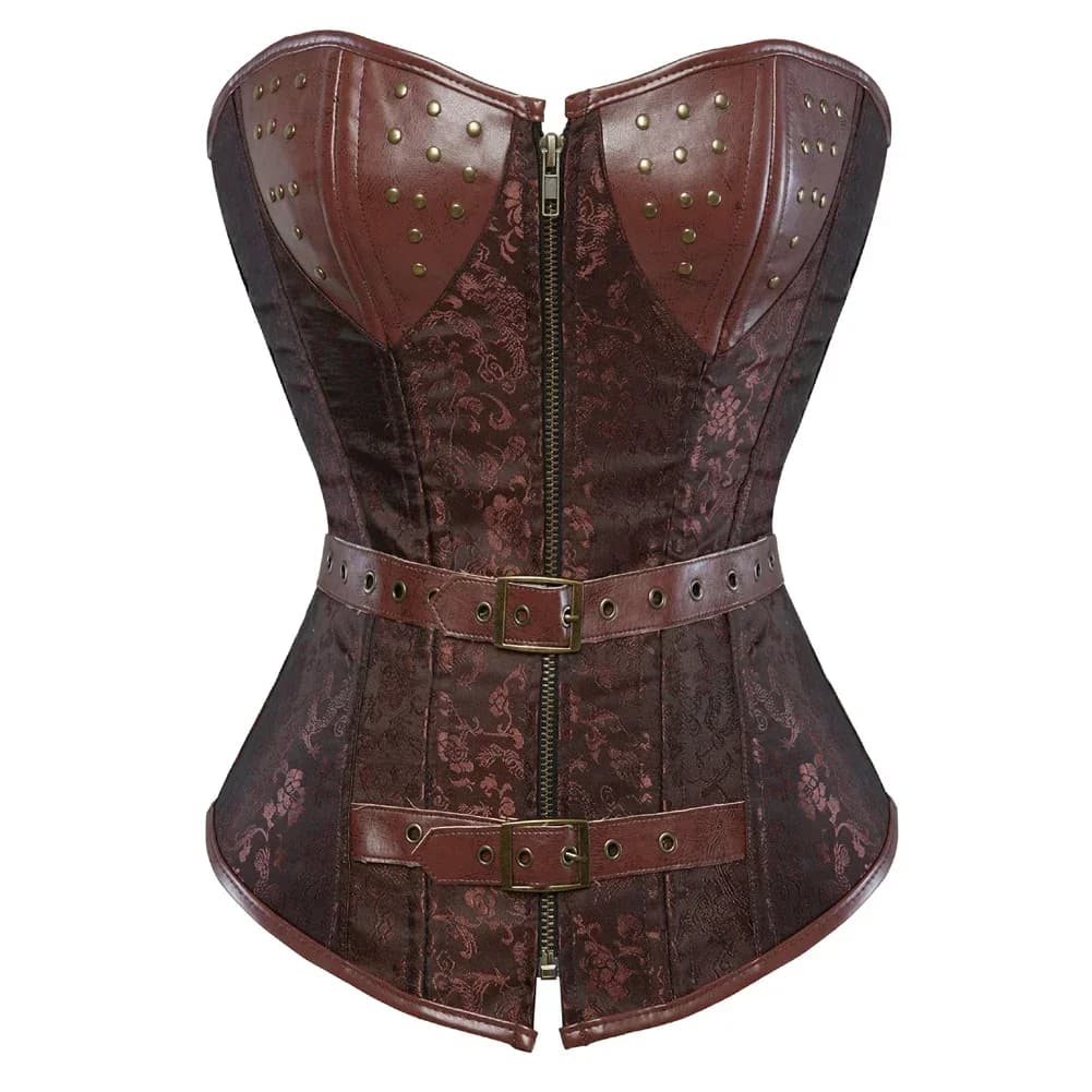 Corset Steampunk marron pour femmes, Bustier gothique, Vintage, Faux cuir, fermeture éclair, hauts g