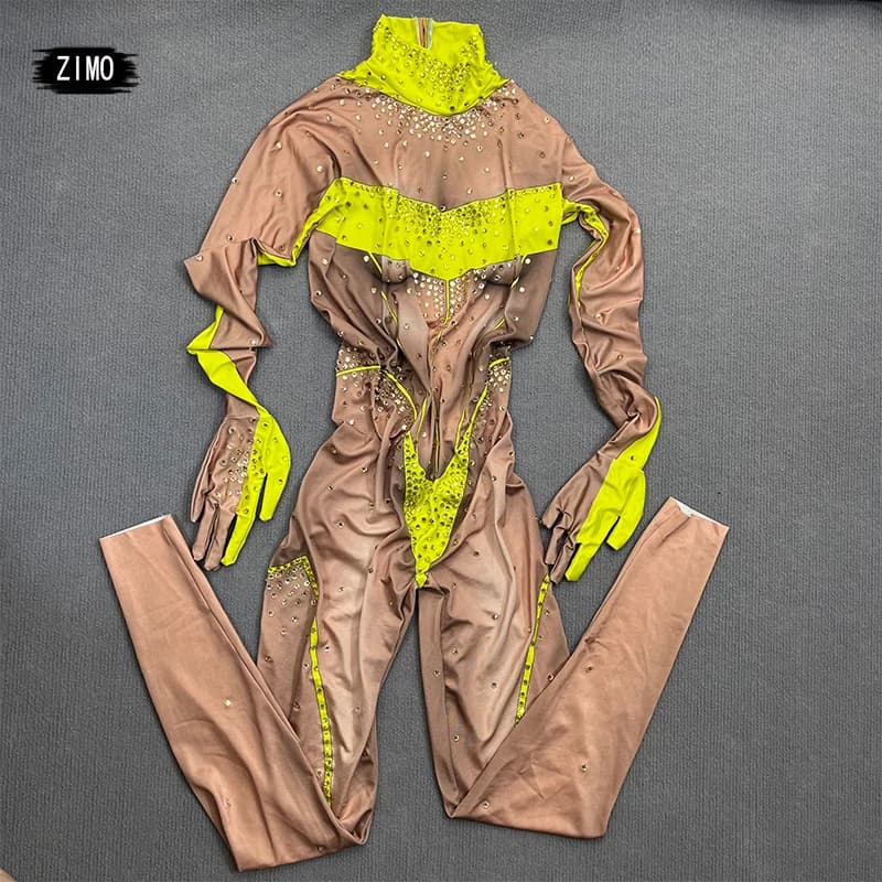 Combinaison jaune sexy en cristal pour femmes, justaucorps de Rhde boîte de nuit, costume de danse, 