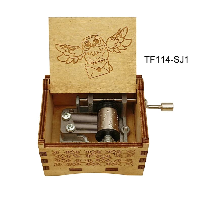 Boîte à musique en bois avec thème hivernal du film Owl Emporium, chanson de fond de scène, lecture 
