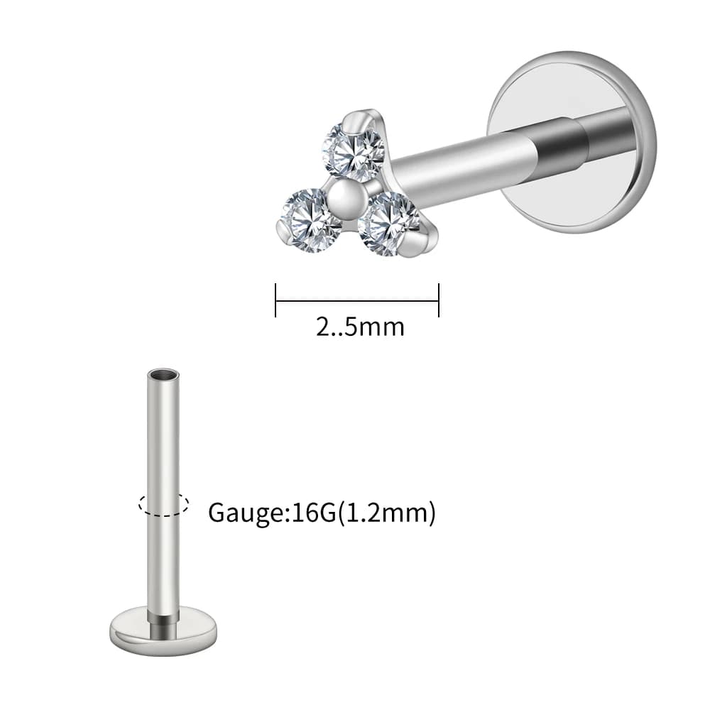 Right Grand Piercing labret en titane ASTM F136, minuscule trinité en zircone cubique, 16 g, 2,5/3,5