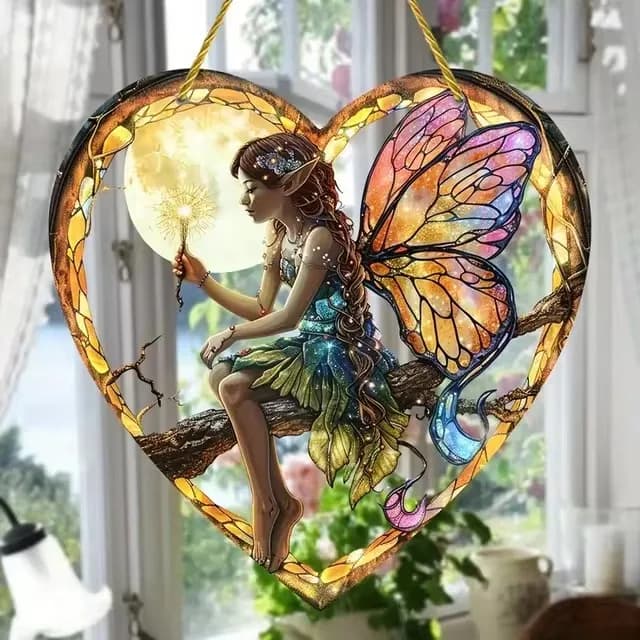 1 pièces fée magique nuit fée capteur de soleil vitrail acrylique coeur tenture murale pour la maiso