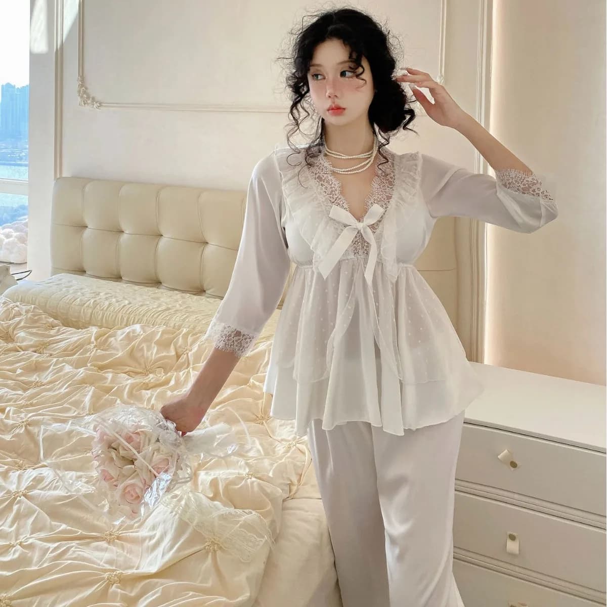 Ensemble pyjama en dentelle à manches longues pour femme, Lingerie printemps-automne, Satin soyeux, 